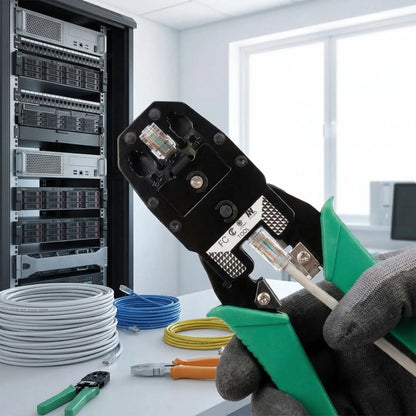vue RJ45 pince à sertir devant baie informatique